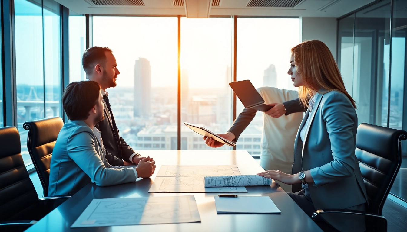 Professioneller Headhunter Ingenieure diskutiert mit Ingenieuren in einem modernen Büro.