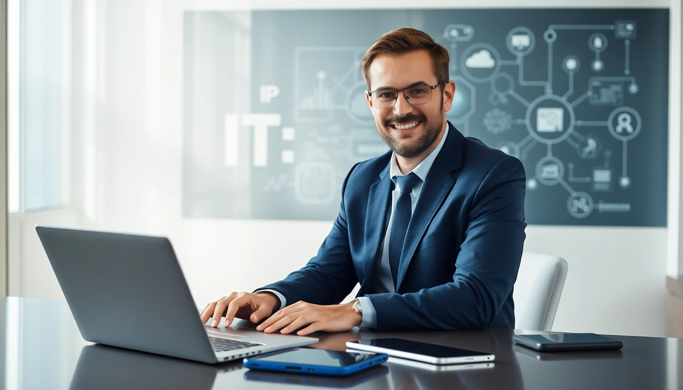 Headhunter IT arbeitet in einem modernen Büro mit Technologie und Gadgets zur Talentsuche.