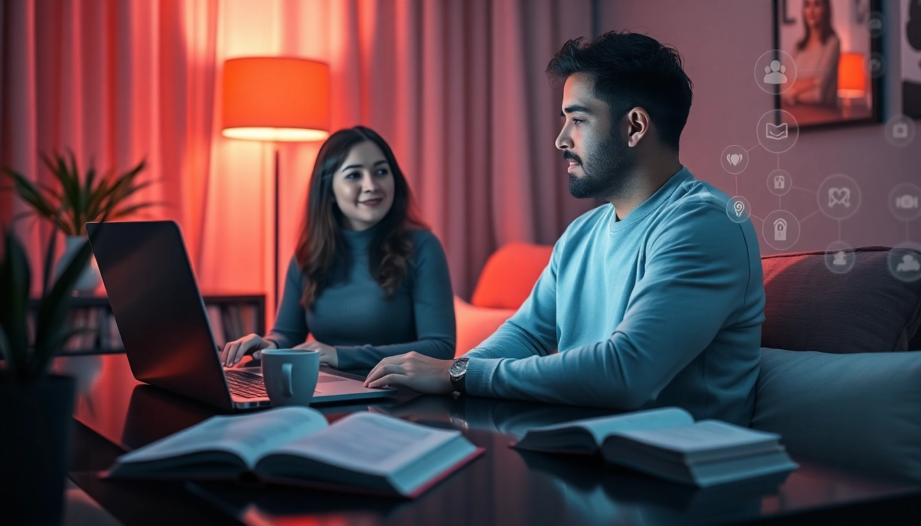 A user engaging in a friendly conversation with a porn AI chat interface in a cozy environment.