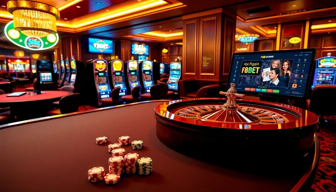 Engaging casino scene showcasing poker and roulette games at https://f8bet.dental/ with a luxurious ambiance.