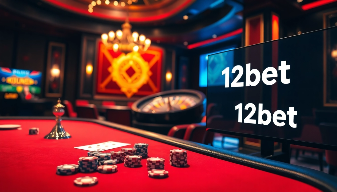 Engaging players at a luxurious casino with the link 12bet displayed prominently on a digitized gaming interface.