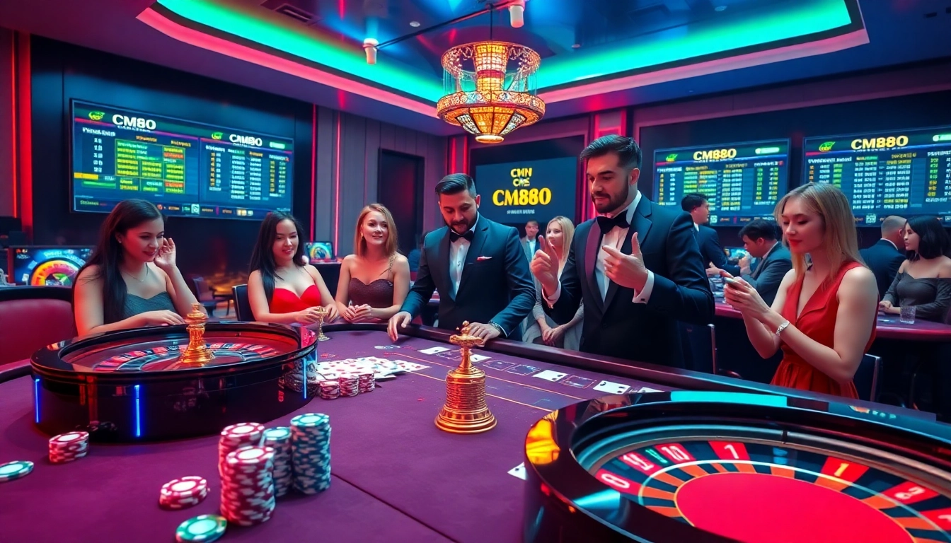 Exciting CM88 online gambling scene with a vibrant casino table and engaging players.