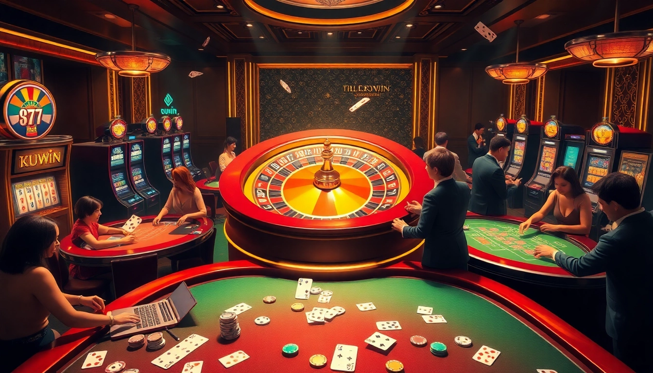 Kuwin casino players experiencing thrilling moments at the roulette wheel and poker tables.