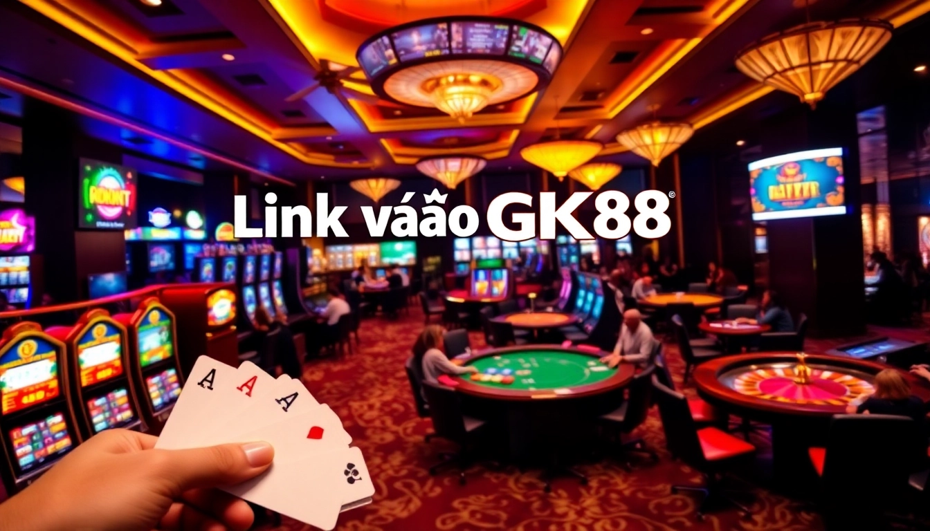 Experience the thrill of online gaming with Link vào GK88 at a luxurious casino setting.