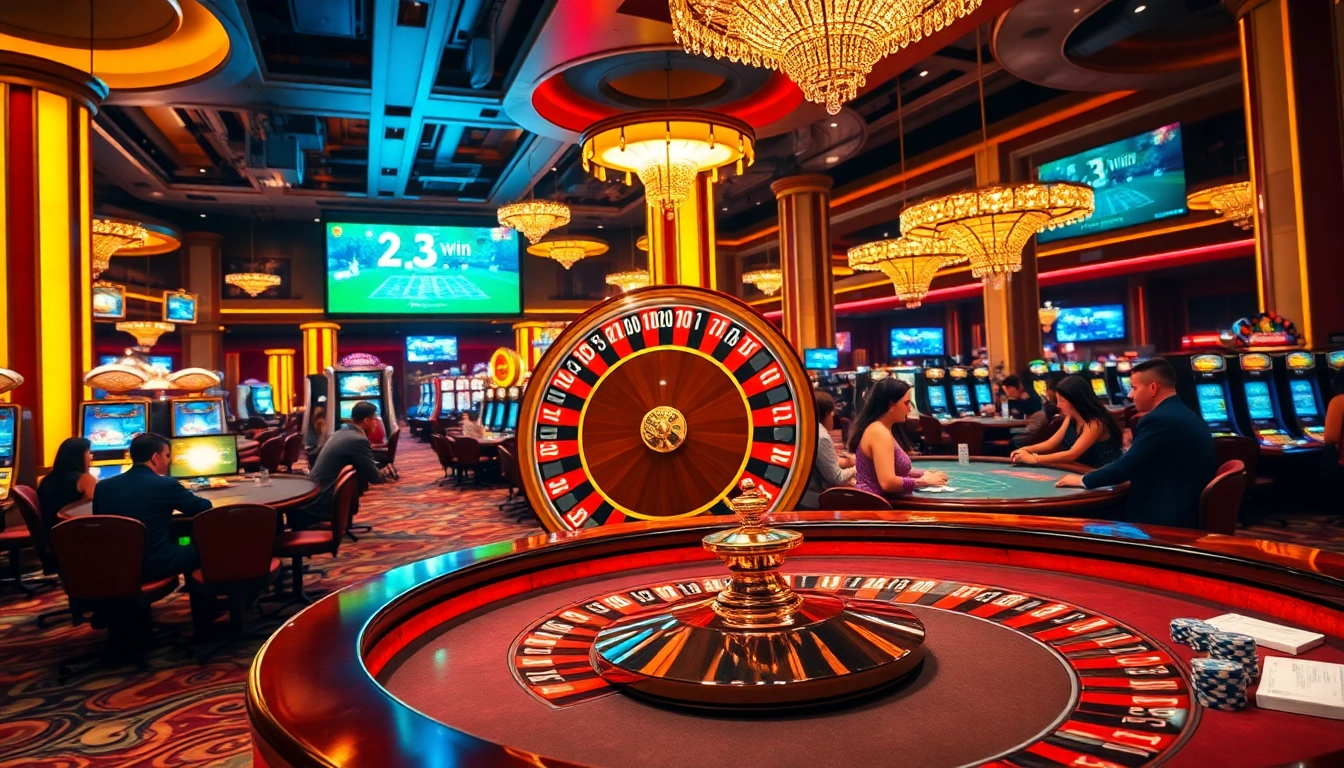 Engage in thrilling gameplay at 23win's luxury casino with vibrant roulette wheels and immersive gaming tables.