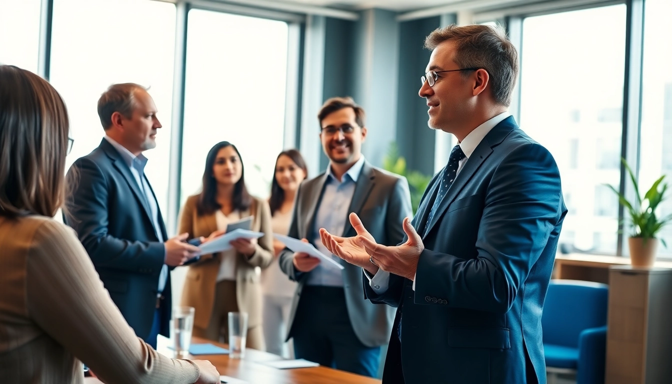 Personalberater im Gespräch mit einem Team, das Zusammenarbeit und strategische Planung zeigt.