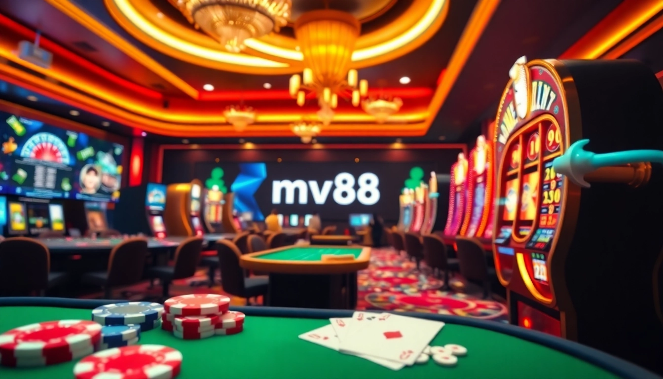 Experience the excitement of mv88 at a luxurious online casino with vibrant slot machines and card games.