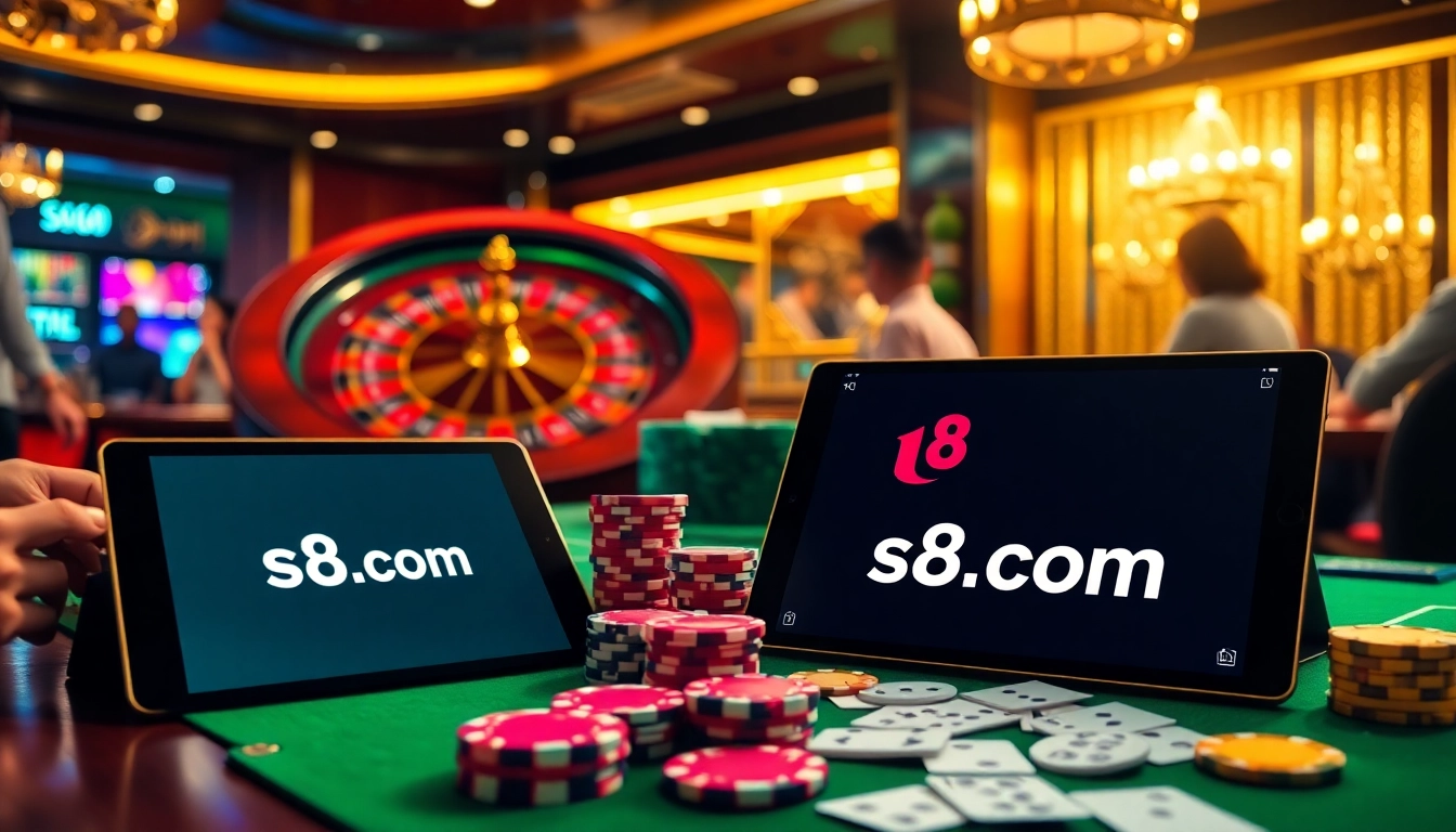 Exciting casino scene with players enjoying games at s8 com, featuring vibrant tables and engaging gambling action.