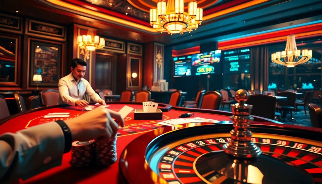 Experience the excitement of link qq88 at a vibrant casino table with live dealers and poker chips.