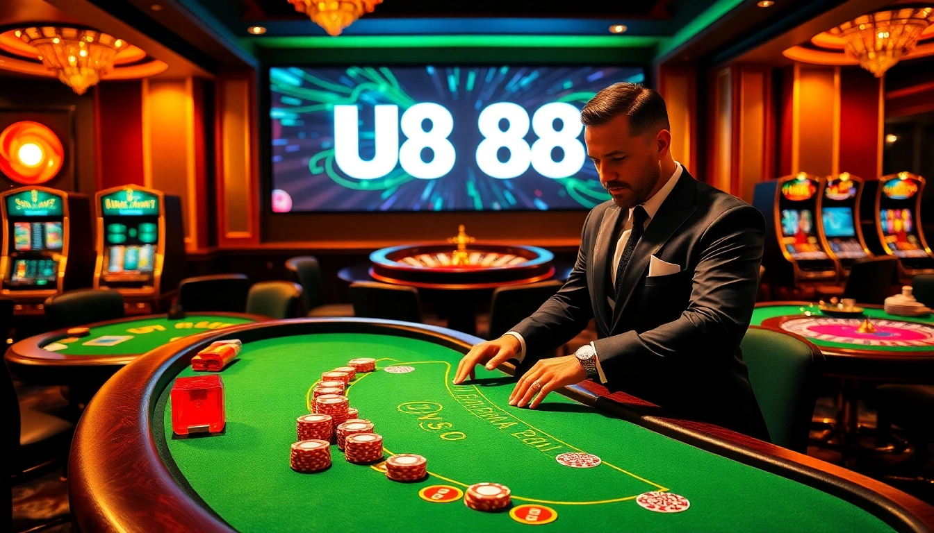 Experience the thrill of U888 online casino with luxurious tables and vibrant poker chips.