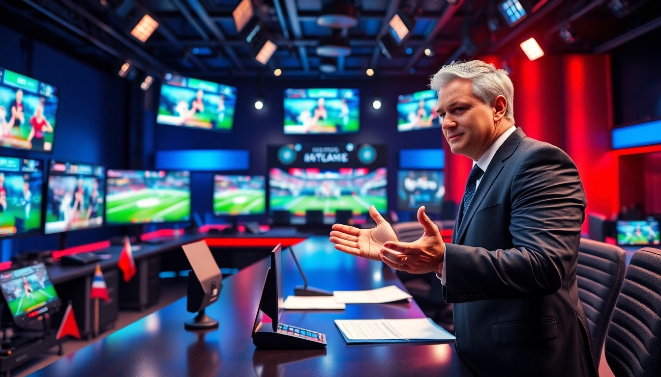 Engaging sports broadcasting scene showcasing a commentator in action while presenting live sports.
