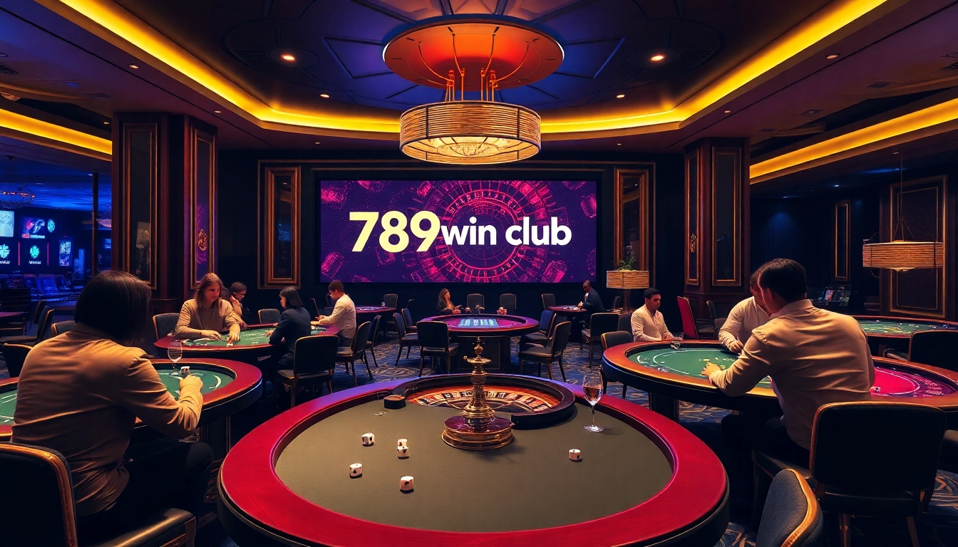 Players enjoying a thrilling game at the 789win club casino, showcasing poker chips and vibrant gaming tables.