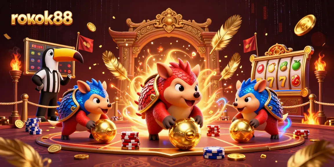 Engage in thrilling gameplay with rokok88 featuring dynamic pangolin rivals amidst vibrant casino imagery.