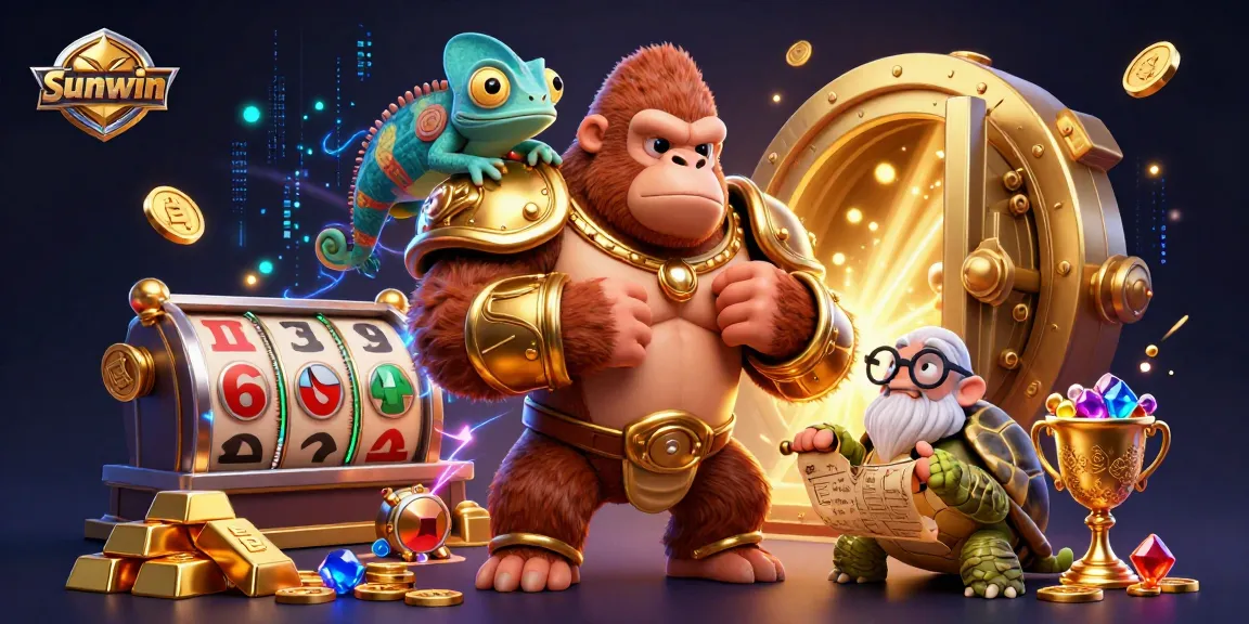 Engage in the golden treasures of Sunwin, featuring a powerful gorilla king and colorful gaming elements.