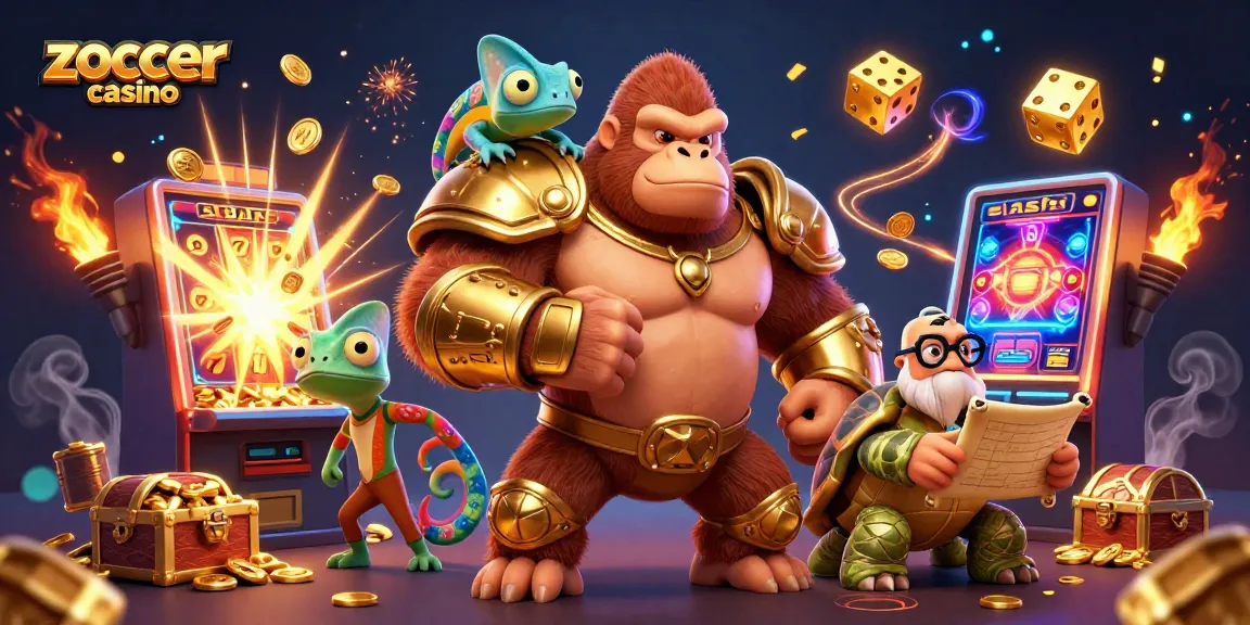 Join the fun at zoccer casino, where a gorilla king, chameleon spy, and wise tortoise create jackpot excitement.