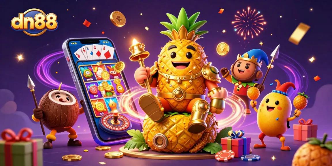 Experience the excitement of dn88 with a vibrant casino scene featuring the golden pineapple king and game elements.