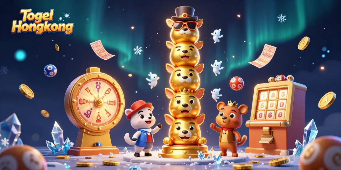 Engage with Togel Hongkong through a colorful, animated lottery scene overflowing with numbers and vibrant casino elements.