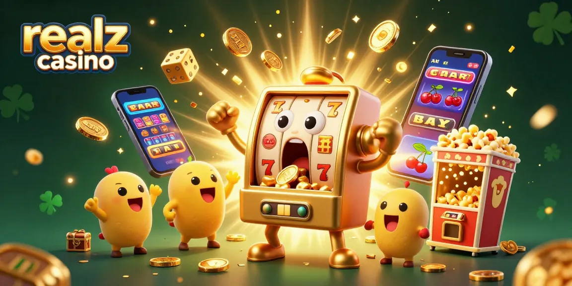 Engage with the realz casino experience featuring a joyful slot machine celebrating wins amidst flying coins and festive elements.