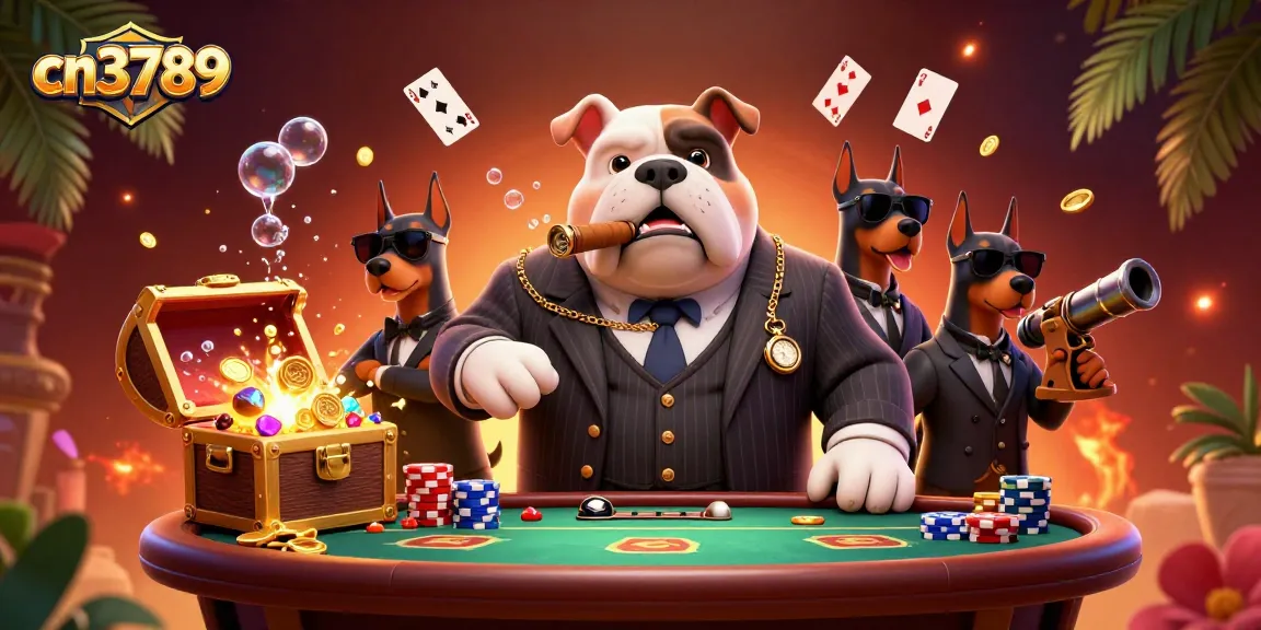 Engage with thrilling gameplay at cn3789, a vibrant 3D illustration showcasing a mafia boss bulldog and Dobermans amid casino elements.