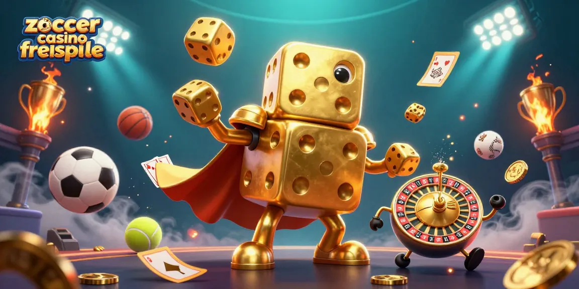 Erleben Sie aufregende Zoccer Casino Freispiele mit einem goldenen Würfel-Golem und dynamischen Sportelementen.