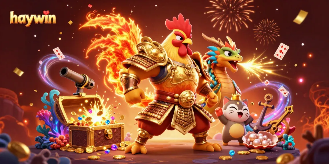 Experience excitement with haywin in a vibrant 3D casino scene featuring dragons and treasures.