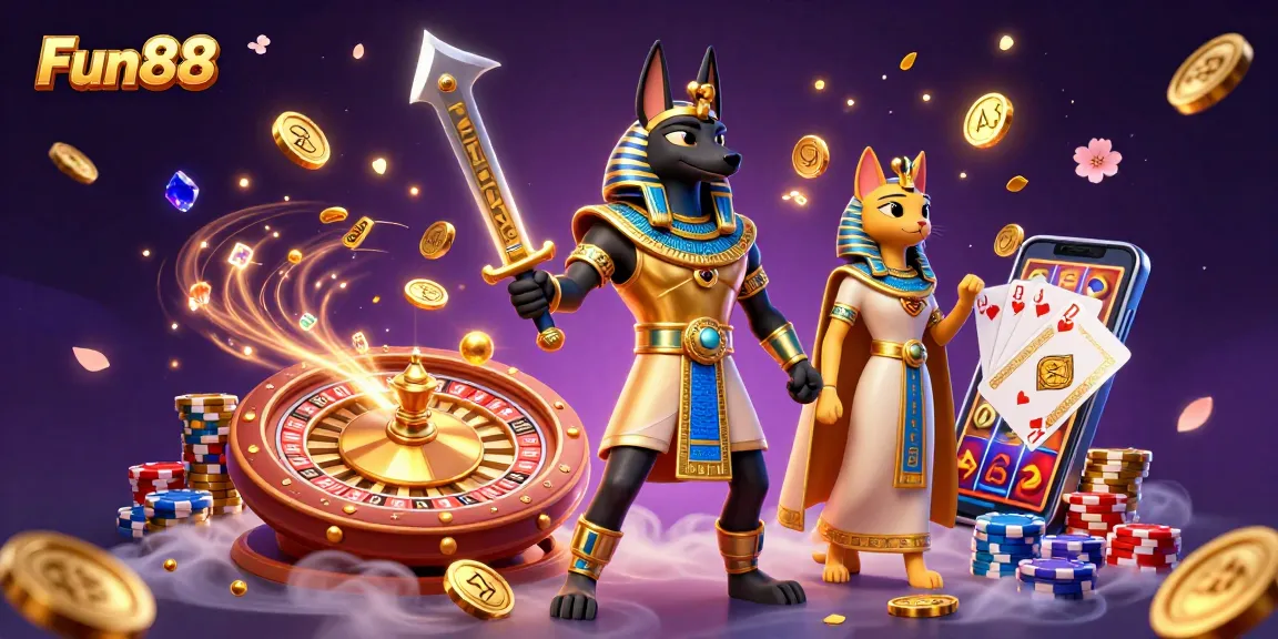 Experience the thrill of Fun88 with Anubis and Bastet in a vibrant casino scene full of exciting elements.