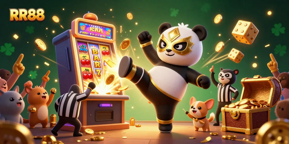 Experience thrilling action as RR88 reveals a vibrant casino scene with a flying panda wrestler and cheerful animal spectators!