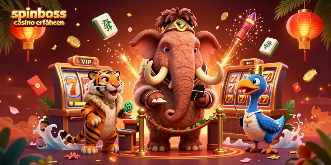 Erleben Sie SpinBoss Casino Erfahrungen mit einem unterhaltsamen 3D-Cartoon-Bild von einem Wollhaarmammut als Türsteher in einem Casino.