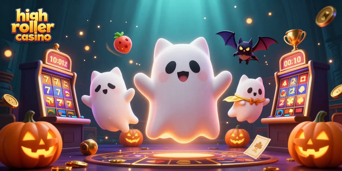Experience the thrill at a high roller casino with friendly ghost cat and vampire bat in this vibrant illustration.
