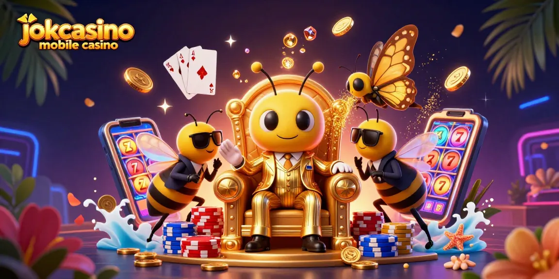 Experience the excitement of jokacasino mobile casino with a dynamic illustration of animated characters and casino elements.