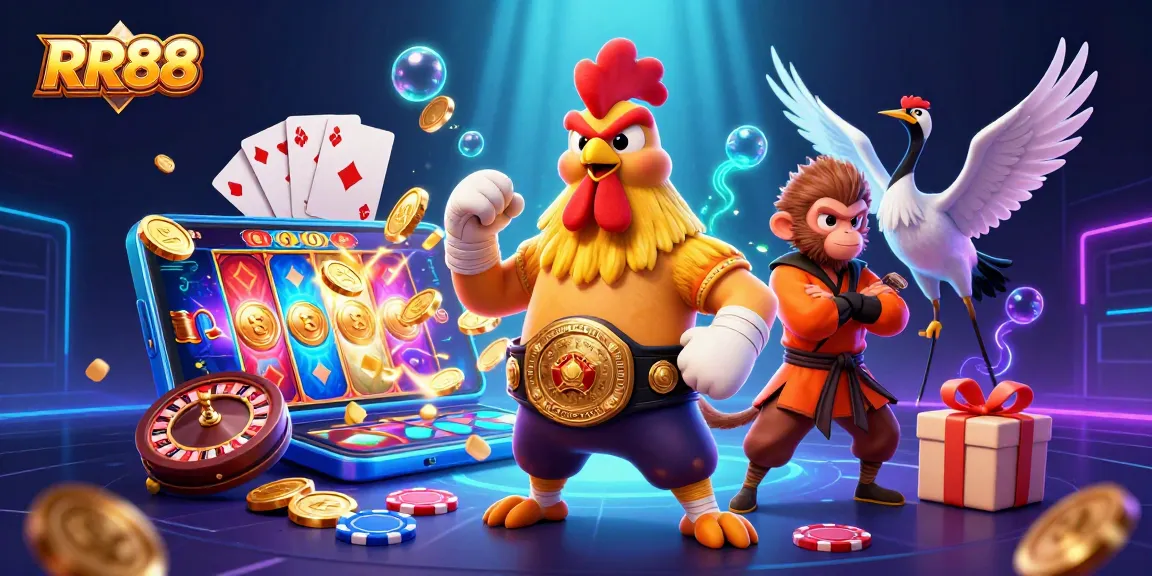 Experience top-tier gaming at RR88 with a vibrant 3D scene featuring thrilling casino elements and characters.