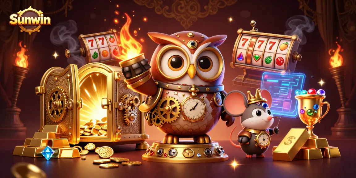 Sunwin's jackpot experience unfolds with glittering treasures and vibrant game elements in a captivating casino scene.