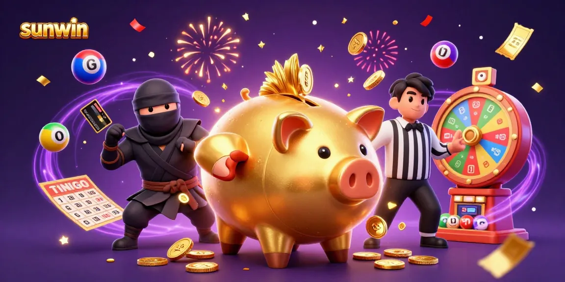 Experience sunwin's vibrant gaming scene with a dynamic illustration featuring a golden piggy bank sumo wrestler.