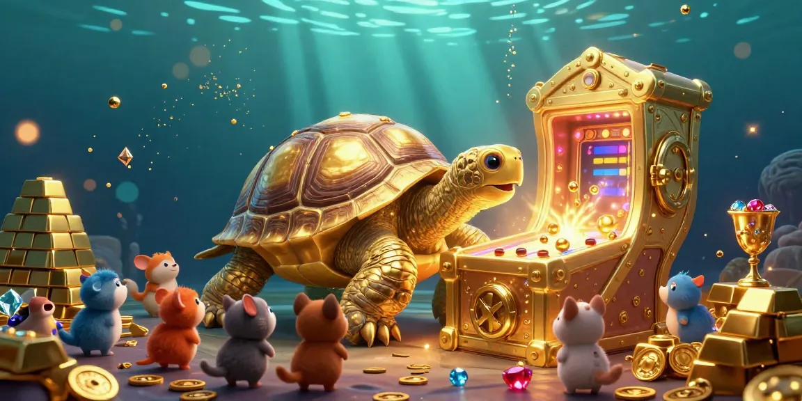 Experience the thrilling gaming vibes at sunwint1 with a vibrant scene of a golden tortoise pinball machine surrounded by treasures.